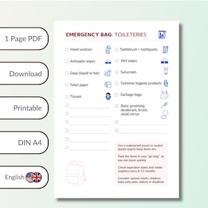 May include: A printable A4 PDF checklist for an emergency bag, detailing toiletries such as hand sanitiser, toothbrush, sunscreen, and feminine hygiene products. Includes advice on waterproof storage.