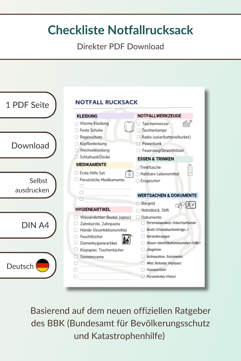 Liste de contrôle des sacs à dos Notfall (téléchargement PDF) image 1