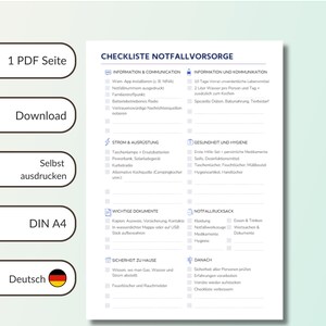 May include: A printable emergency preparedness checklist in German. The document includes sections on communication, supplies, health, and safety. The checklist is available for direct PDF download.