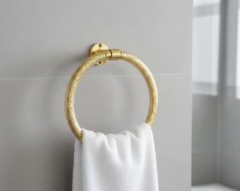 Gegraveerde massief messing handdoekring, Marokkaans wandgemonteerd badkamerdecor, vintage messing handdoekhouder