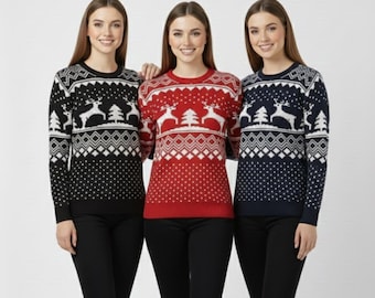 Women's Christmas Sweater Knitted Xmas Reindeer Snowflake Festive Sweater Red Navy Black S-XXL Holiday Jumpers Women Christmas Party Gift