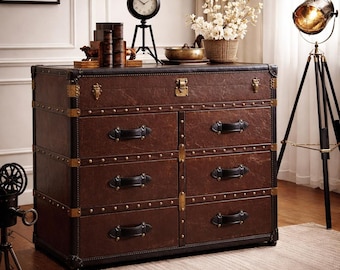 Genuine Leather Aviator Storage Cabinet Vintage Trunk Side Table Industrial Style Designer Furniture