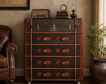 Skrzynia lotnicza Industrial Aviator Trunk | Drewniana komoda z paskiem skórzanym