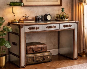 Aviator Metal Leather Console Table, Industrial Mid Century Writing Desk
