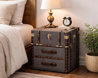 Vintage Aviator Storage Chest End Table with Buckle Hinges, Grey Linen Trunk