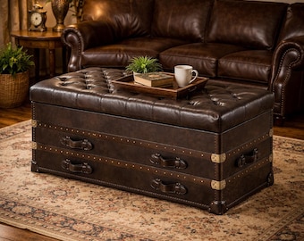 Vintage Tufted Leather Storage Ottoman Bench, Coffee Table Trunk, Rustic Drawers