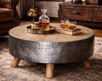 Industrial Coffee Table Vintage Style Round Aviator Accent Table with Wooden Top