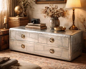 Aviator Console Table, Riveted Aluminum, Mango Wood, Industrial Media Unit