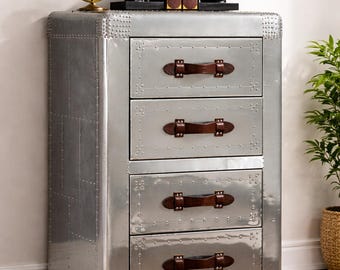 Industrial Aviator Side Cabinet, Aluminum Nightstand with Drawers, Rustic Storage Furniture