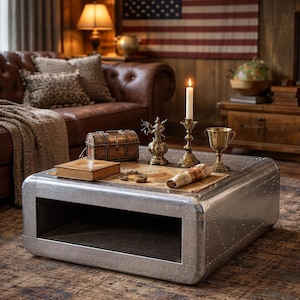 May include: A silver metal coffee table with a riveted design, displaying decorative items. A lit candle in a brass holder, a small treasure chest, and a brass trophy cup are on the table. The background includes a leather sofa and an American flag.
