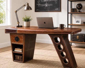 Aviator Wing Desk Vintage Aviation Furniture Retro Genuine Leather Executive Desk