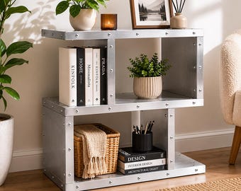 Aviator Aluminum Side Table, Industrial Riveted End Table, Aircraft Inspired Nighstand, Modern Metal Storage Shelf, Home Decor Furniture