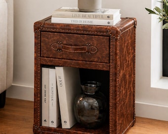 Vintage Aviator Leather Side Table, Industrial Drawer Nightstand, Rustic Storage Cabinet