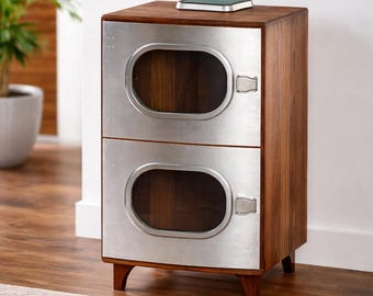 Industrial Aviator Side Cabinet: Wood & Aluminum Window Accent Table