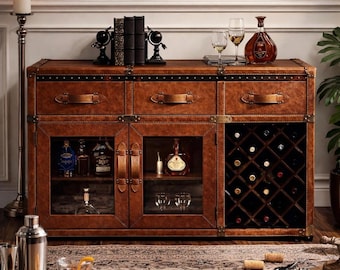 Vintage Aviator Leather Bar Cabinet with Wine Rack, Industrial Side Table Home Bar Furniture