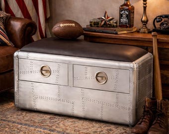 Aviator Storage Bench, Aluminum Trunk Coffee Table, Industrial Entryway Seating