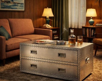 Aviator Aluminum Coffee Table – Industrial Trunk with Drawers, Riveted Living Room Furniture
