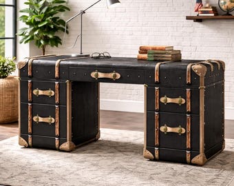 Black Aviator Trunk Writing Desk With Storage Drawers - Vintage Industrial Office & Home Table