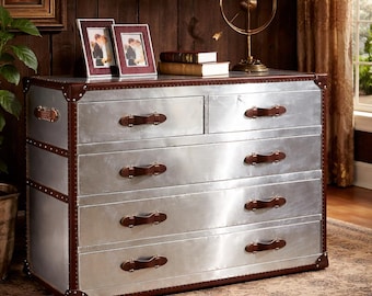Industrial Aviator Aluminum Chest, Vintage Metal Dresser, Leather Handles, Rustic Furniture