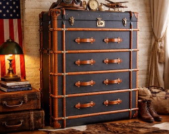 Industrial Aviator Trunk Chest | Leather Strap Wooden Dresser