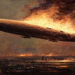 May include: An oil painting showing a burning airship, or zeppelin, over a city at night. The airship is brown and tan, with flames in shades of orange and yellow. The city below is dark with scattered lights.