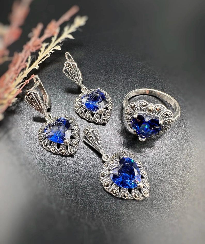 Timant Heart Set Heart Shaped Tanzanite Jewelry Set With Marcasite, Ring Pendant ...