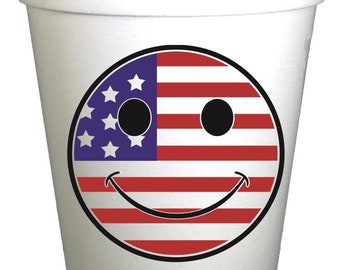 Smiley Flag July 4th Party Cups- 10ea/ 16 oz Styrofoam July 4th Cups- Instock