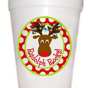 Rudolph Rocks Childrens Christmas Holiday Styrofoam Cups-10ea/16oz Styrofoam Christmas Party Cups