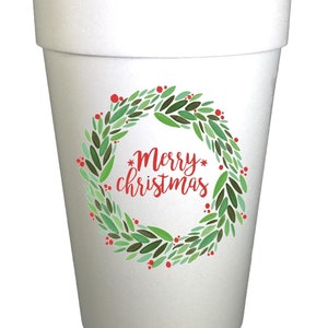 Merry Christmas Wreath Christmas Cups-10ea/16oz Styrofoam Christmas Party Cups