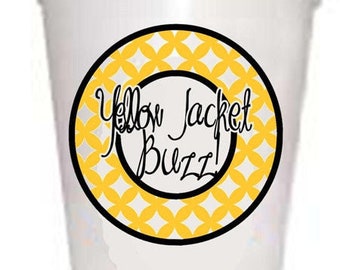 May include: White foam cup with a yellow and white circle design. The circle has the text "Yellow Jacket Buzz!" in black.