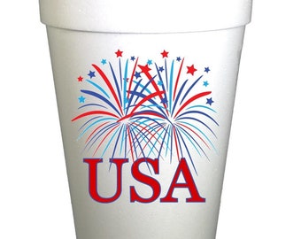 4th of July Party Cups-USA Fireworks July 4th Party Cups- 10ea/ 16 oz Styrofoam July 4th Cups- Instock