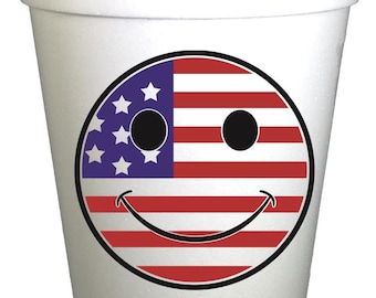 4th of July Party Cups-Smiley Flag Patriotic Theme Cups-16 oz Styrofoam Cups-10 Pack- Instock