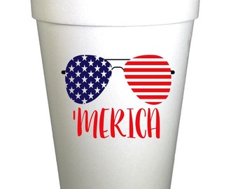 Merica Patriotic Sunglasses- July 4th Party Cups- 10ea/ 16 oz Styrofoam July 4th Cups- Instock