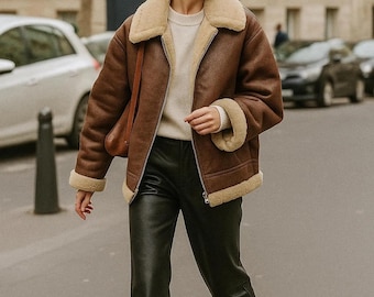 Chaqueta de piel de oveja para mujer / Abrigo aviador de piel de oveja auténtica con pelo sintético