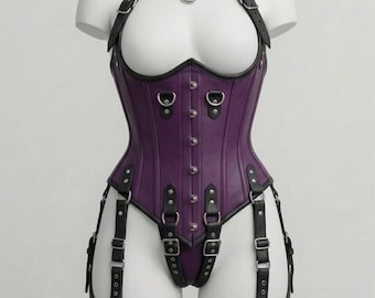 Handmade Purple Black Leather Corset Harness Set | Steel Boned, Choker & Cuffs