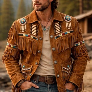 May include: A brown suede jacket featuring long fringe detailing, intricate beadwork in blue, red, and white, and decorative circular medallions on the chest. The jacket includes silver-toned buttons, front pockets, and a tan shirt worn underneath.