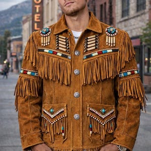 May include: A brown suede jacket with fringing and decorative beading. The jacket has silver buttons, turquoise accents, and detailed embellishments on the shoulders, pockets, and sleeves. The jacket is a statement piece with a Western or Native American-inspired design.