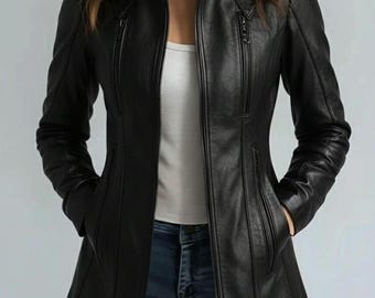 Handmade Black Sheepskin Leather Coat | Women's Moto Jacket