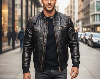 Luxury Crocodile-Embossed Genuine Leather Bomber Jacket – Handmade Statement Streetwear Coat | Gift For Him
