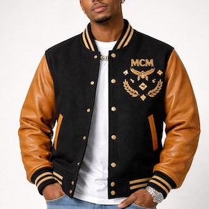 Chaqueta universitaria estilo MCM - Mangas de lana y cuero auténtico - Bomber bordada