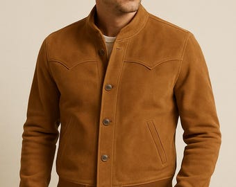 Men's Tan Suede Leather Bomber Jacket: Slim Fit Vintage Western Outerwear