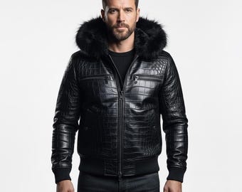 Handmade Alligator Leather Bomber Jacket | Men's Black Crocodile Skin Fur Hooded Luxury Motorcycle Jacket