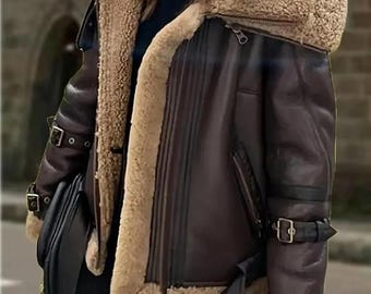 Chaqueta bomber de aviador de piel de oveja auténtica para mujer, abrigo de aviador de piel de oveja con doble cuello hecho a mano.