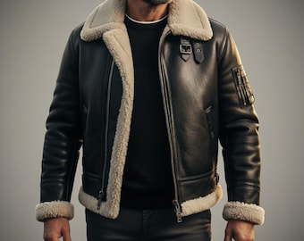B3 Lammfell Lederjacke, Vintage Aviator Bombermantel, Echte Schaffell Winterjacke