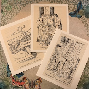 May include: Three vintage-style art prints with black and white illustrations. One print shows a woman looking out a window, another depicts a group of people, and the third shows women near ladders. Text includes phrases like "I am being followed" and "Go away and never return".