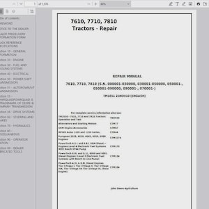 May include: A repair manual for 7610, 7710, and 7810 tractors. The cover features the title in bold black text, with "Repair Manual" below. The manual covers engines, fuel systems, electrical systems, and other tractor components. The manual is labeled TM1651 25NOV10 (ENGLISH).