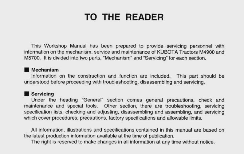 May include: A workshop manual with the title "TO THE READER" in bold black text. The manual provides information on the mechanism, service, and maintenance of KUBOTA Tractors M4900 and M5700.