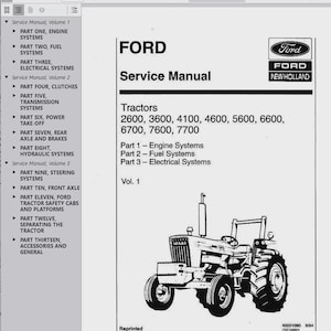 Può includere: Manuale di servizio Ford in bianco e nero per trattori. Il manuale include informazioni sui sistemi motore, carburante ed elettrici per i modelli di trattori 2600, 3600, 4100, 4600, 5600, 6600, 6700, 7600 e 7700. È mostrata un'illustrazione di un trattore.