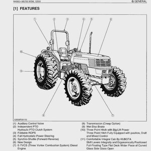 May include: An illustration of a tractor with large, black tires and a detailed engine. The tractor has a cab, a roll-over protection structure, and various labeled features. The image includes text describing the tractor's features and specifications.