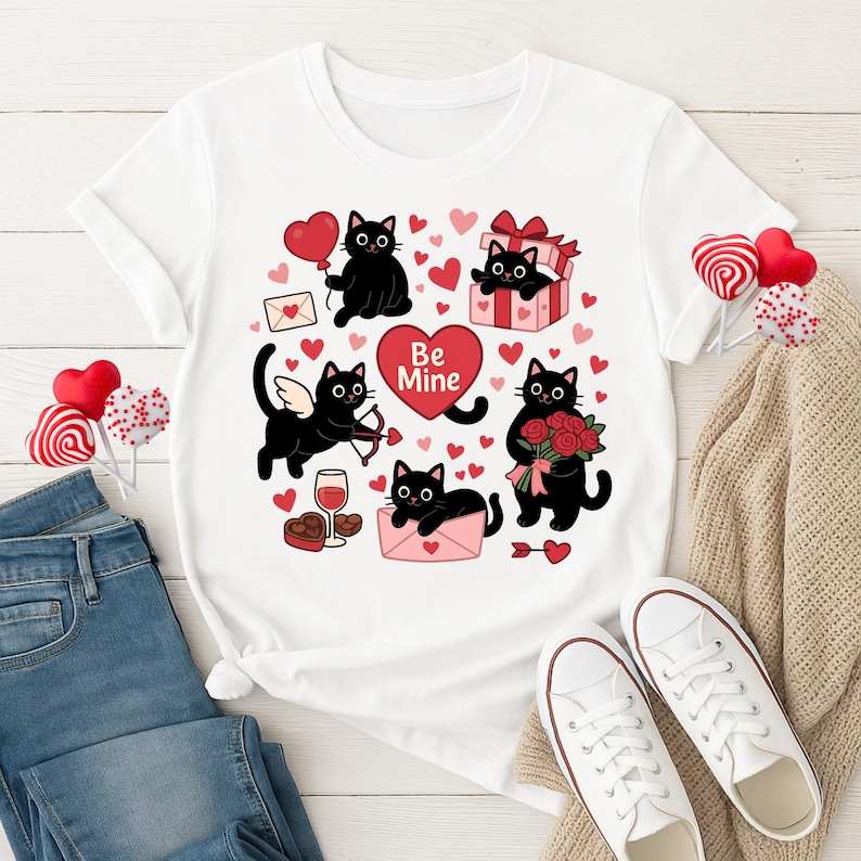 May include: White t-shirt featuring a Valentine's Day design with cartoon black cats, hearts, and the words "Be Mine." The cats are depicted with various Valentine's Day items, including a heart-shaped balloon, a gift box, and roses.